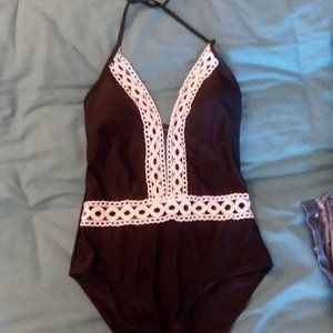 Black One Piece Swimsuit with White Edging